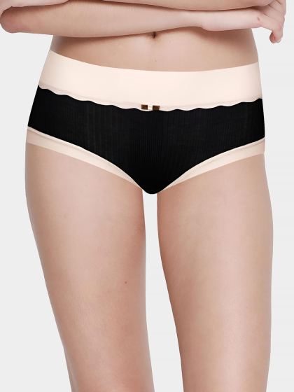 Shyle Black With Nude Contrast Ribbed Medium Waist Hipster Panty