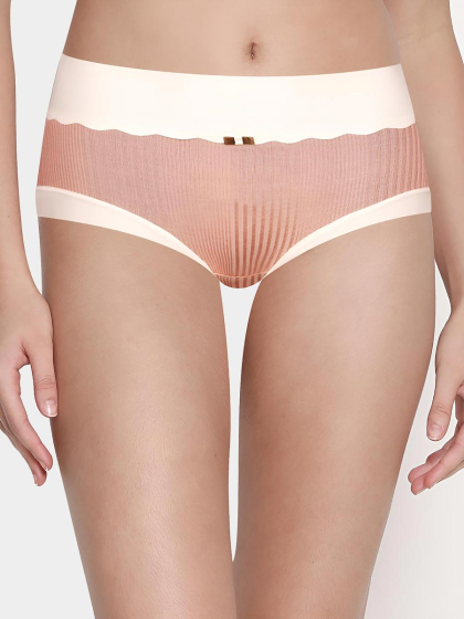 Shyle Orange With Nude Contrast Ribbed Medium Waist Hipster Panty