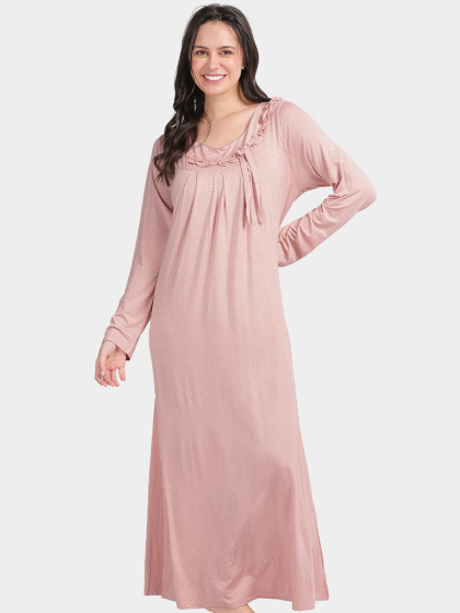 Shyle Pink Polka Soft Feel Fabric Neckline Frill Nightgown