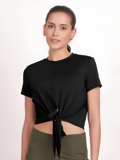 Shyle Black Beauty Round Neckline Front Tie Up Crop Top