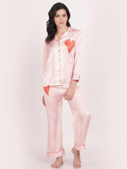 Shyle Camellia Orange Stripe Printed Satin Pyjama Set