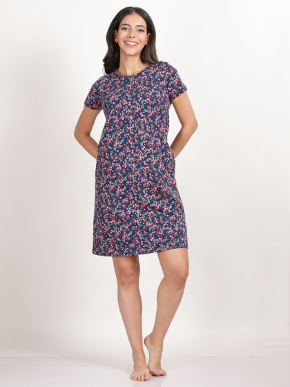 Shyaway Ocean Blue Floral Printed Casual Sleep Tee