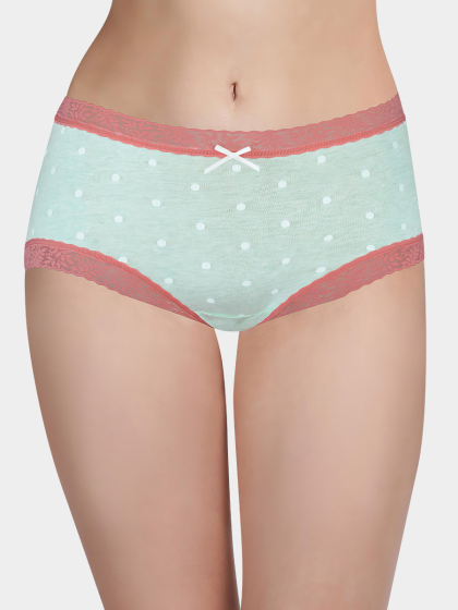 Susie Light Green Peach Lace Trim Polka Medium Waist Hipster Panty