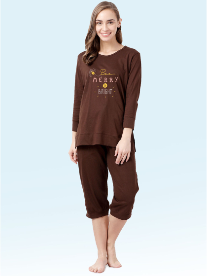 Shyaway Chocolate Brown 3/4 Sleeve Nightwear Capri Set