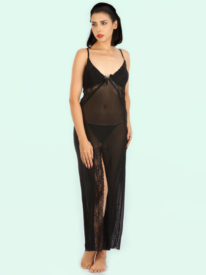 Shyle Black Deep V-neck Mesh Babydoll With Lace Front Slit 
