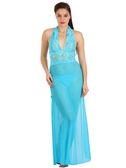Shyle Sky Blue Halterneck Babydoll with High Slits